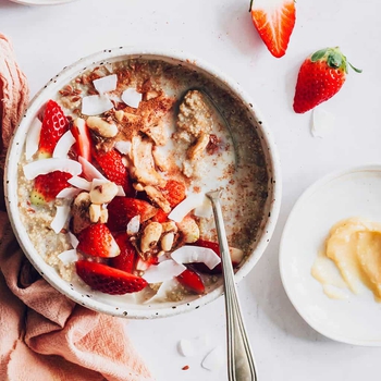 Plant-Based Quinoa Beauty Bowl with Honey Almond Toffee and Strawberries
