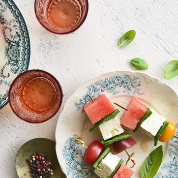 Watermelon Salad Skewers with Tomato, Basil, and Feta