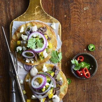 Short Rib Tostadas with Pineapple Salsa and Cotija