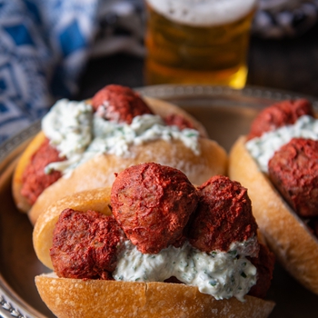 Tandoori Beer Meatball Subs with Garlic Raita