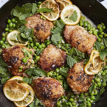 Crispy Chicken Thighs with Smashed Peas