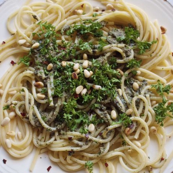 Spaghetti with Olives, Nori, Pine Nuts and Chilli