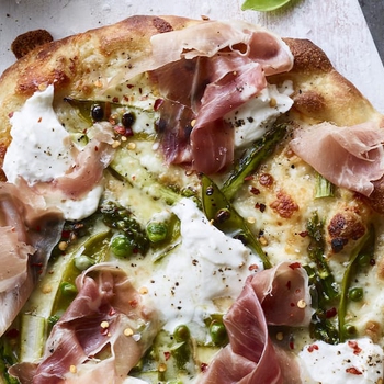 Burrata Snap Pea and Asparagus Pizza