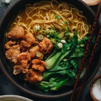 Curry Noodle Soup with Popcorn Chicken