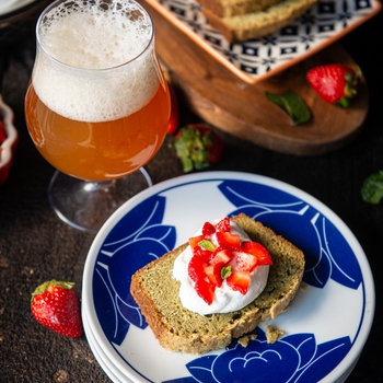 Matcha Beer Pound Cake with Strawberries, Mint Whipped Cream