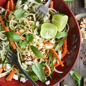 Low Carb Spiralized Cucumber Salad with Peanuts, Basil, and Ginger Miso Dressing
