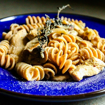 Pasta with Chicken and Mushrooms in a Creamy Dijon Mustard Sauce