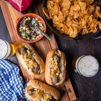 Grilled Beer Brats with Pineapple Salsa and Bourbon BBQ Brand Kettle Chips