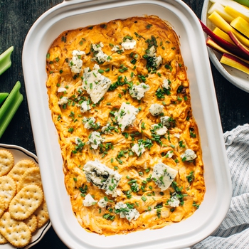 Buffalo Chicken Dip with Caramelized Shallots and Blue Cheese
