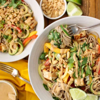 Rainbow bowl with peanut butter sauce