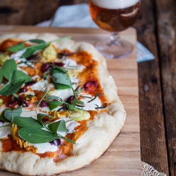 Squash Blossoms Garden Pizza with Beer Pickled Cherries and Beer Crust
